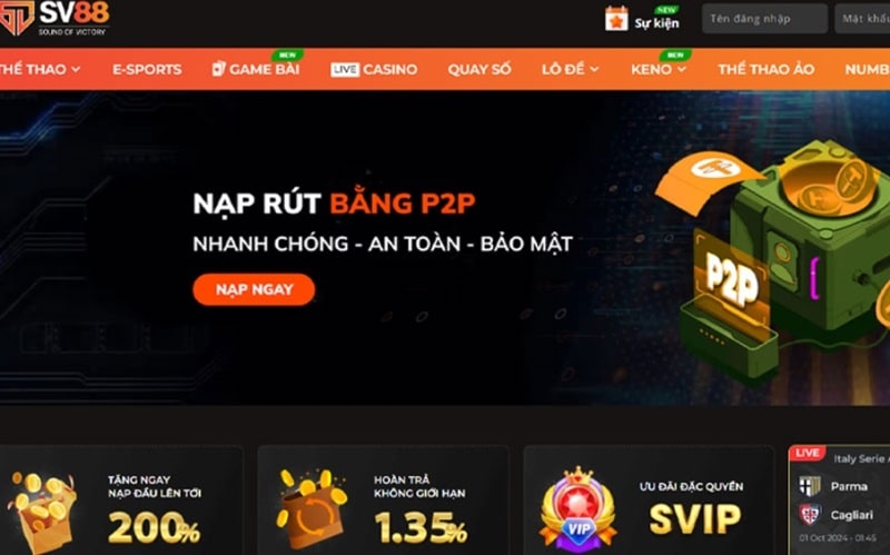 Giao diện trang chủ của nhà cái SV88